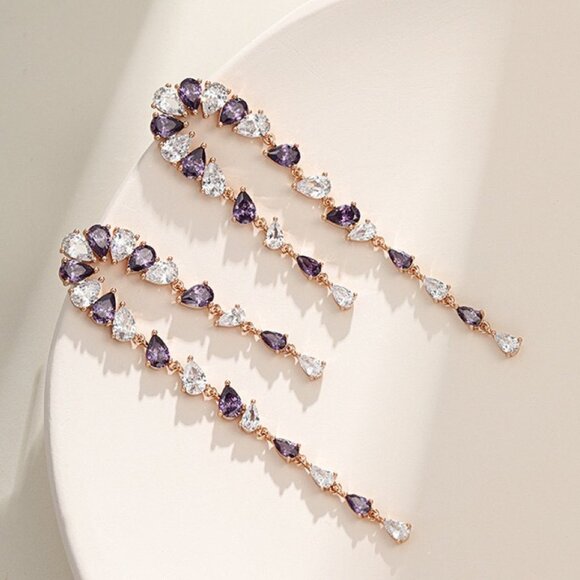 Rhinestone Purple Earrings, Teardrop Bridal Earrings Sparkly Dangle Earring - Picture 1 of 1